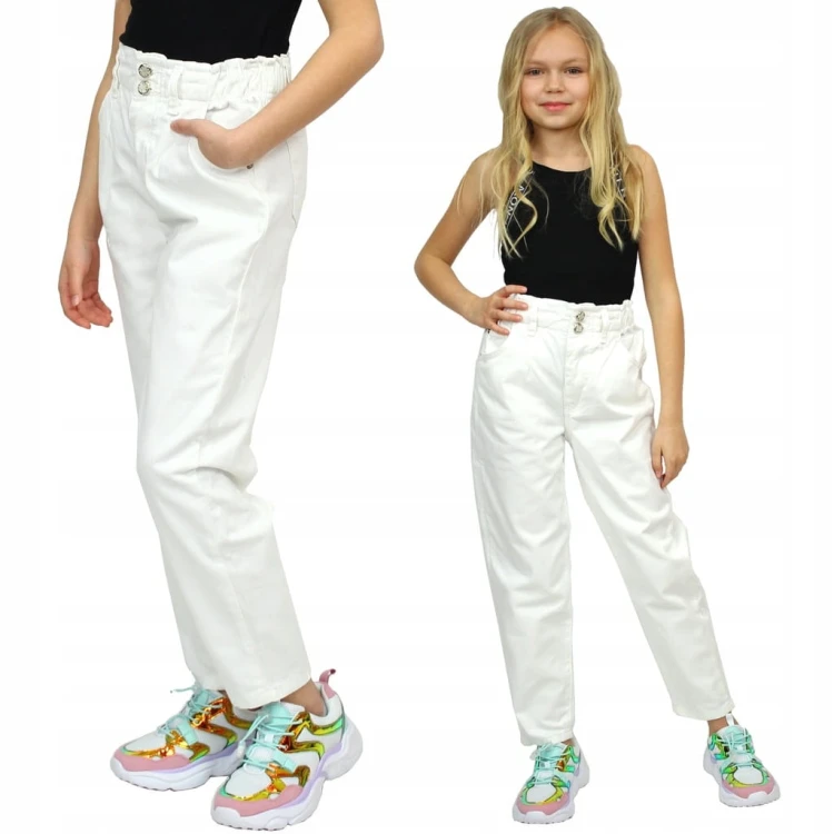 Spodnie BIAŁE Paperbag SZEROKIE Luźne MOM Fit