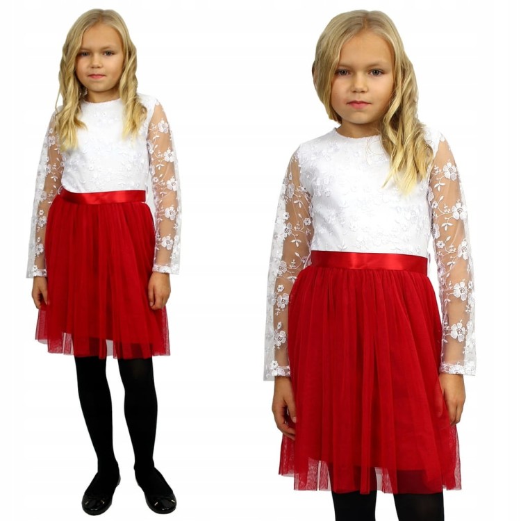 ELEGANCKA Sukienka TIULOWA Haft CZERWONA