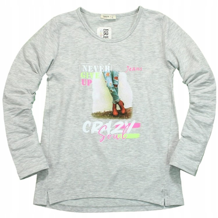 Bluzka BAWEŁNA Nadruk LONGSLEEVE Rękaw SZARA