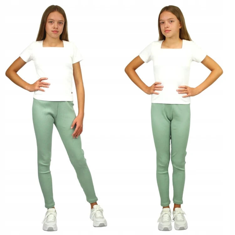 LEGGINSY Długie GETRY Prążkowane BAWEŁNA zielone