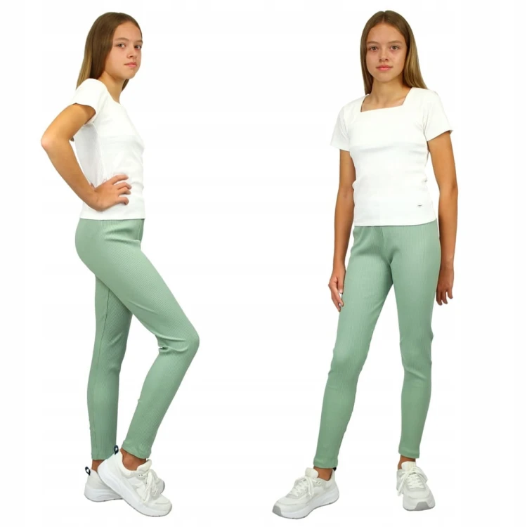 LEGGINSY Długie GETRY Prążkowane BAWEŁNA zielone
