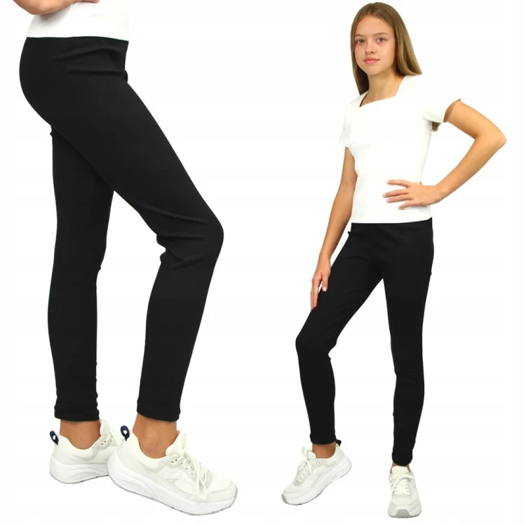 LEGGINSY Długie GETRY Prążkowane BAWEŁNA czarne