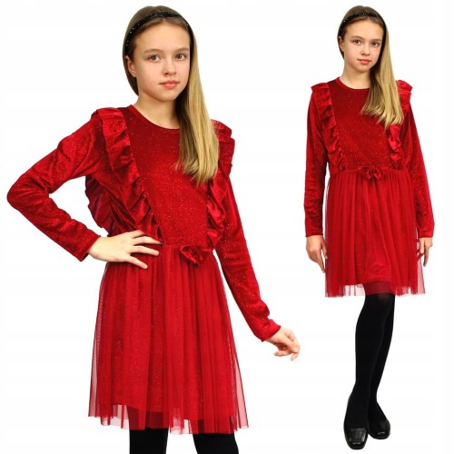 Elegancka SUKIENKA Czerwona WELUR Tiul KOKARDA