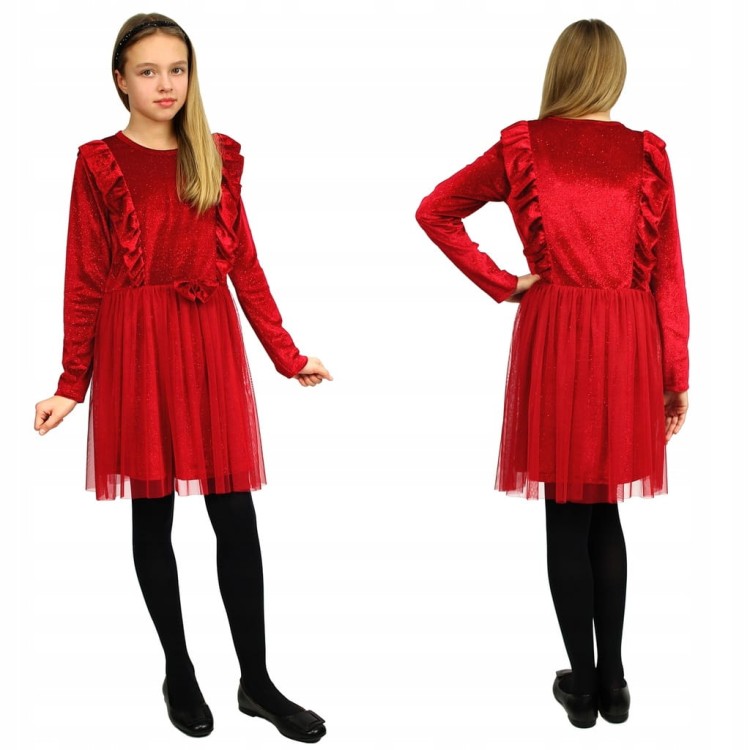 Elegancka SUKIENKA Czerwona WELUR Tiul KOKARDA