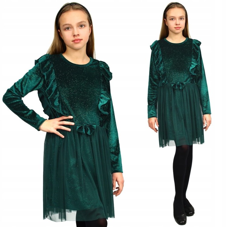 Elegancka SUKIENKA Butelkowa ZIELEŃ WELUR Tiul