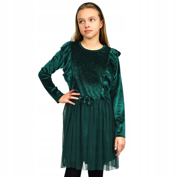 Elegancka SUKIENKA Butelkowa ZIELEŃ WELUR Tiul