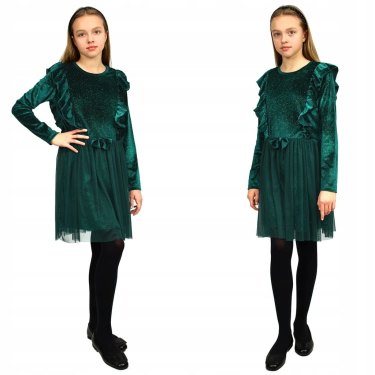 Elegancka SUKIENKA Butelkowa ZIELEŃ WELUR Tiul