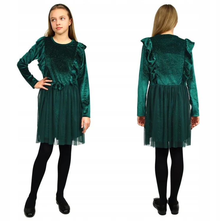 Elegancka SUKIENKA Butelkowa ZIELEŃ WELUR Tiul