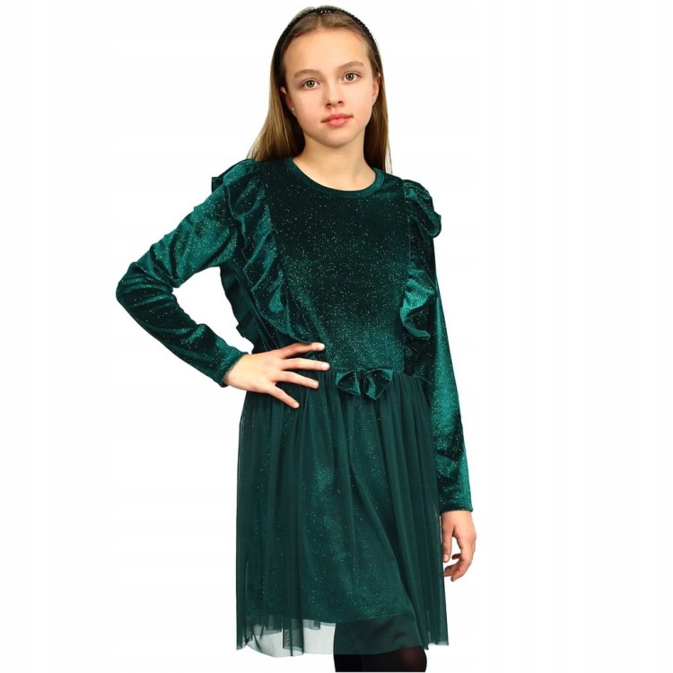 Elegancka SUKIENKA Butelkowa ZIELEŃ WELUR Tiul