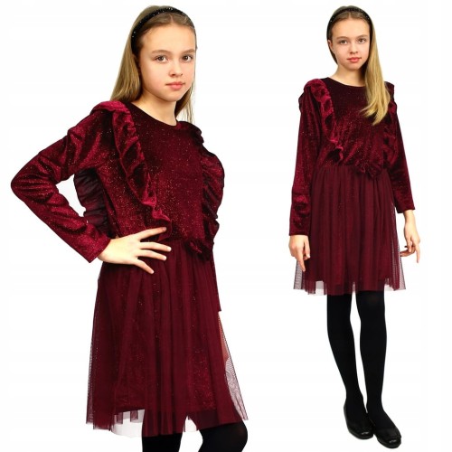 Elegancka SUKIENKA Bordowa WELUR Tiul KOKARDA