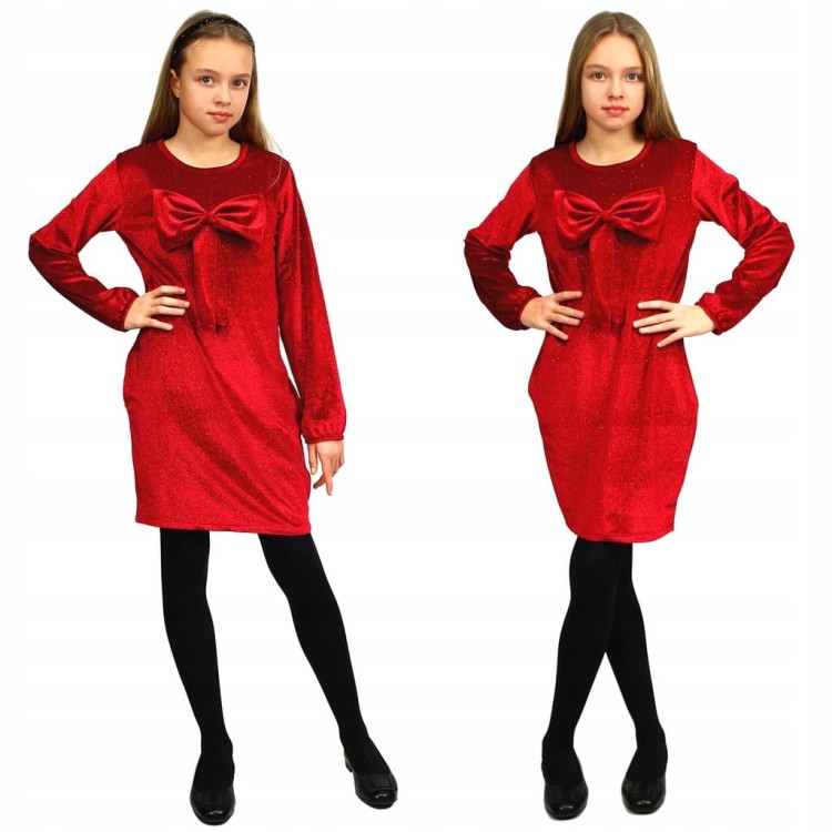 Elegancka SUKIENKA Czerwona WELUR Tuba KOKARDA