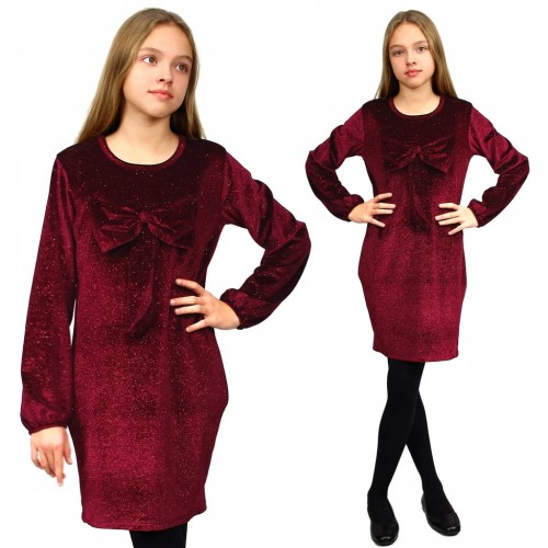 Elegancka SUKIENKA Bordowa WELUR Tuba KOKARDA