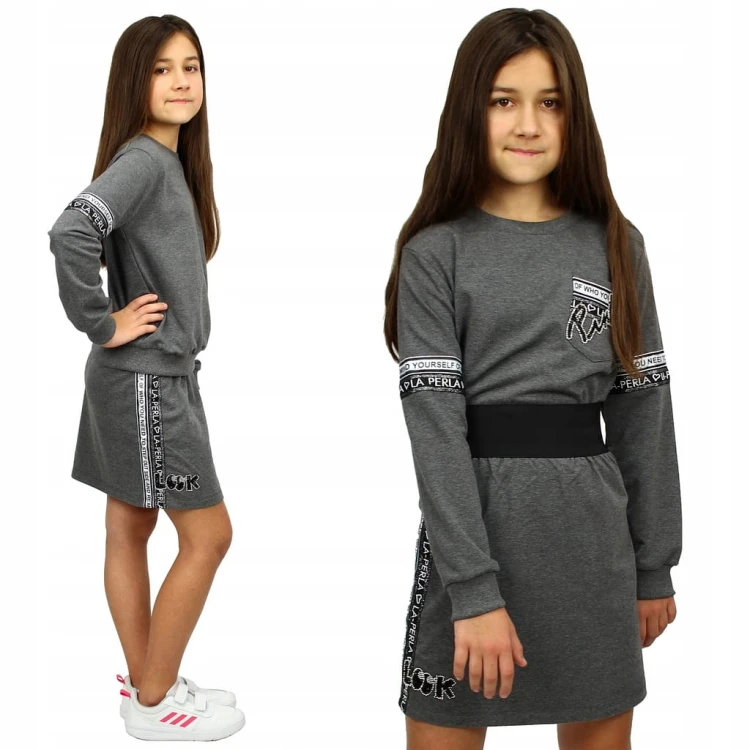 KOMPLET Bluza Spódniczka SZARY Melanż CYRKONIE