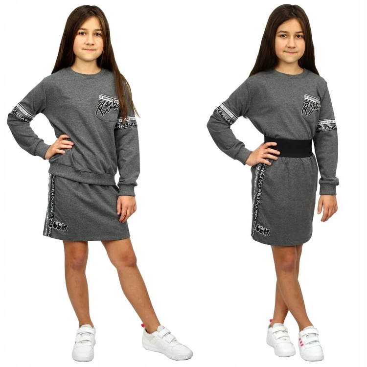 KOMPLET Bluza Spódniczka SZARY Melanż CYRKONIE