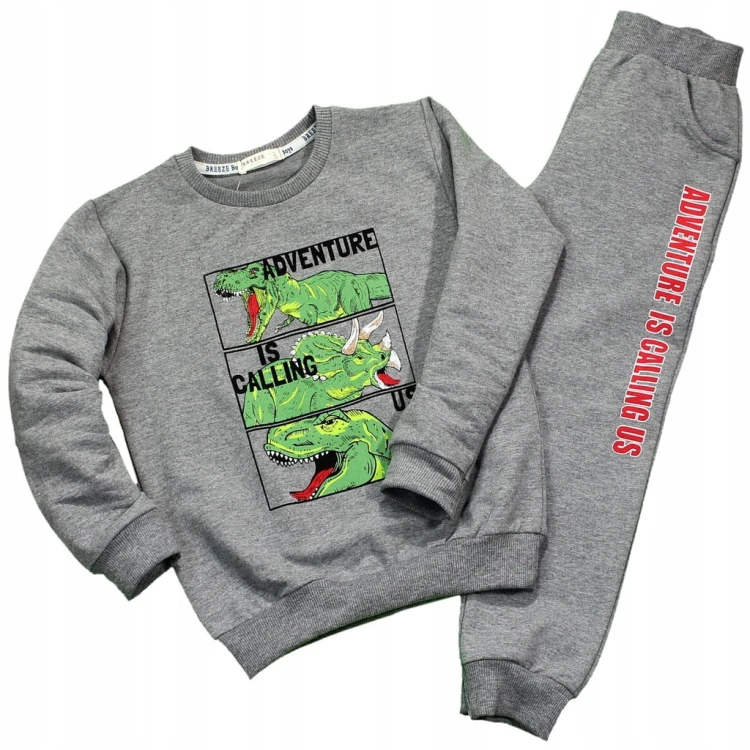 KOMPLET Dresowy DINOZAURY Bluza Spodnie DRES Szary