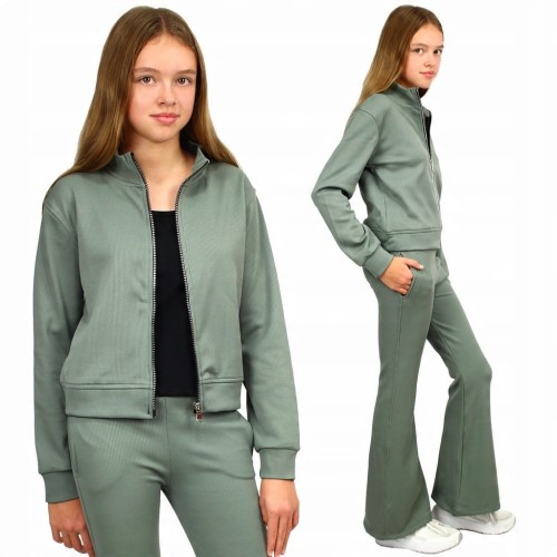 KOMPLET Dresowy 3-częściowy BLUZA Rozpinana Top SPODNIE Dzwony FLARE