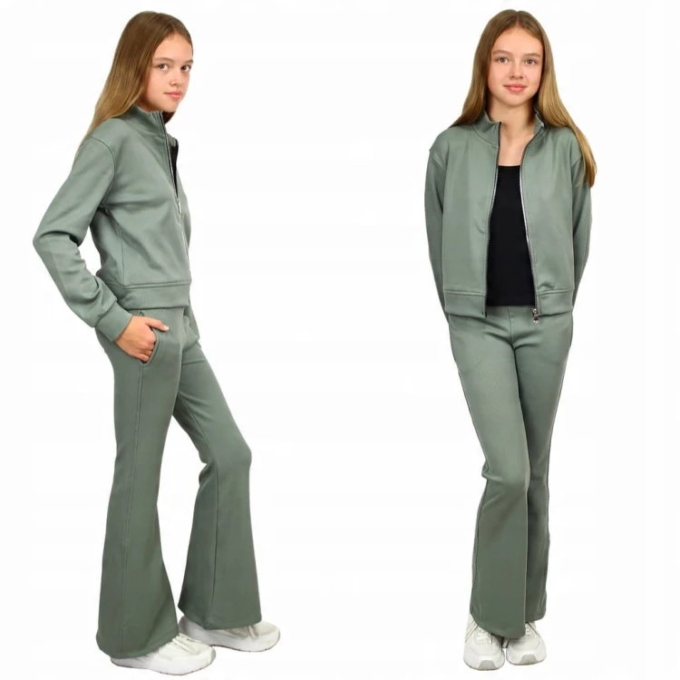 KOMPLET Dresowy 3-częściowy BLUZA Rozpinana Top SPODNIE Dzwony FLARE