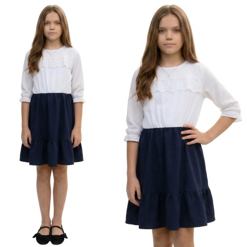 JK733-1-SUKIENKA BIAŁO GRANATOWA SZKOŁA ELEGANCKA KORONKA FALBANKA.jpg