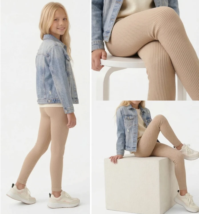 LEGGINSY Długie GETRY Prążkowane BAWEŁNA Beż