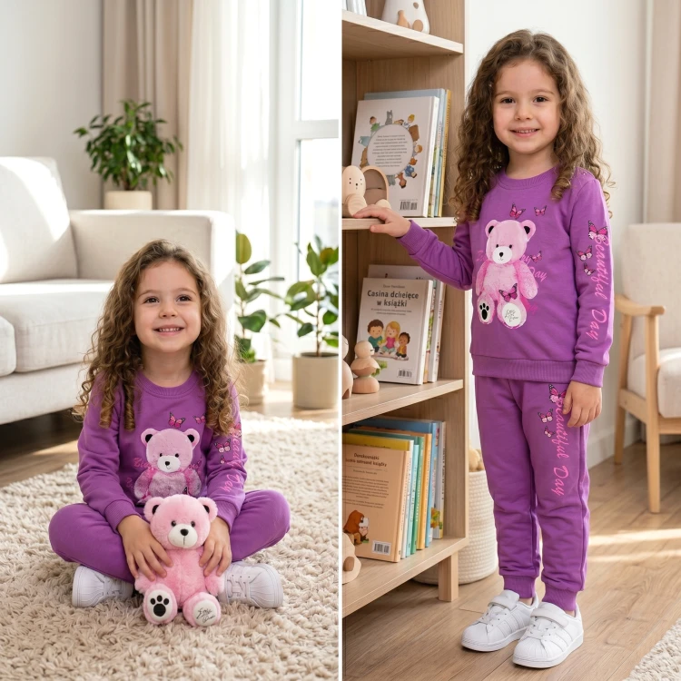 KOMPLET Dresowy BLUZA SPODNIE Miś BAWEŁNA Fiolet