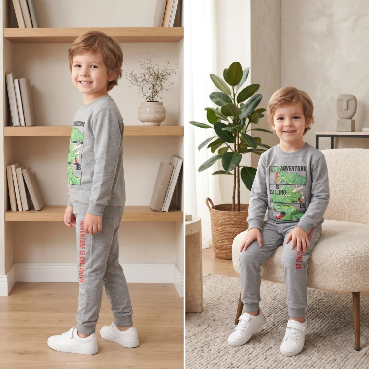 KOMPLET Dresowy DINOZAURY Bluza Spodnie DRES Szary