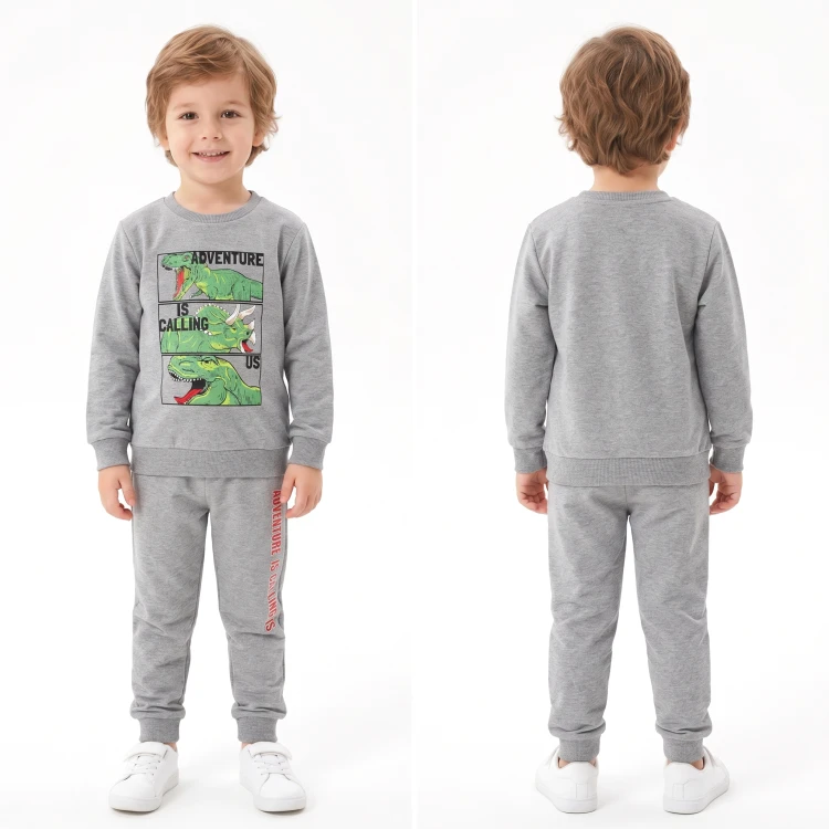 KOMPLET Dresowy DINOZAURY Bluza Spodnie DRES Szary