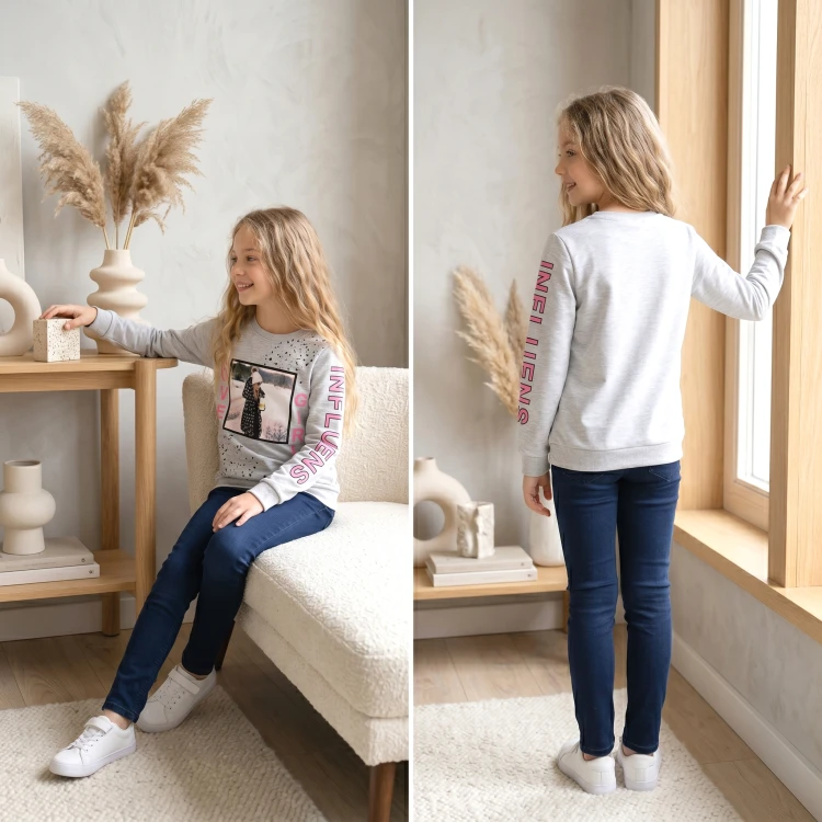 BLUZA Dresowa BAWEŁNA Nadruk CEKINY Długi RĘKAW Szara