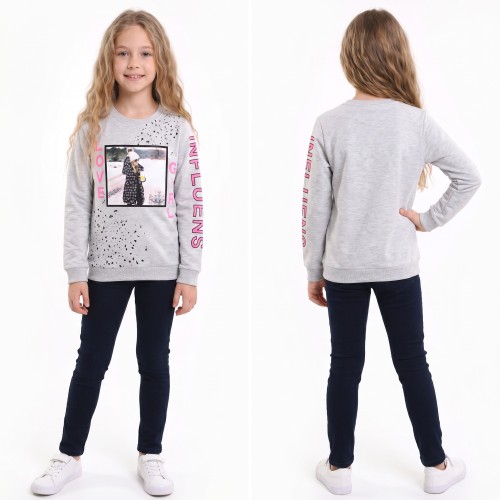 BLUZA Dresowa BAWEŁNA Nadruk CEKINY Długi RĘKAW Szara