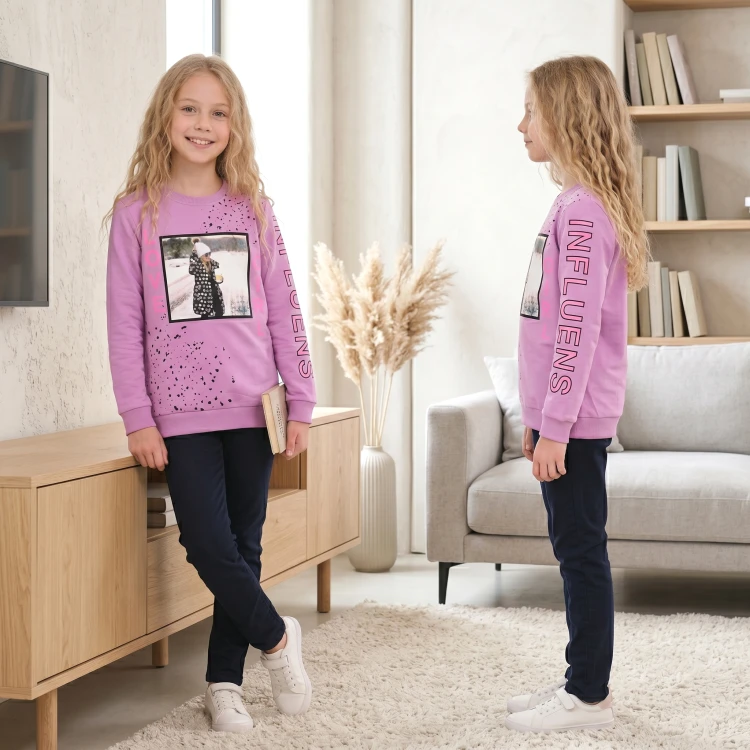BLUZA Dresowa BAWEŁNA Nadruk CEKINY Długi RĘKAW Fioletowa