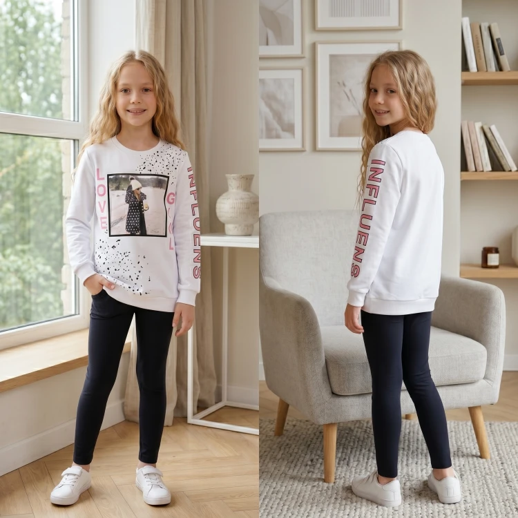 BLUZA Dresowa BAWEŁNA Nadruk CEKINY Długi RĘKAW Ecru
