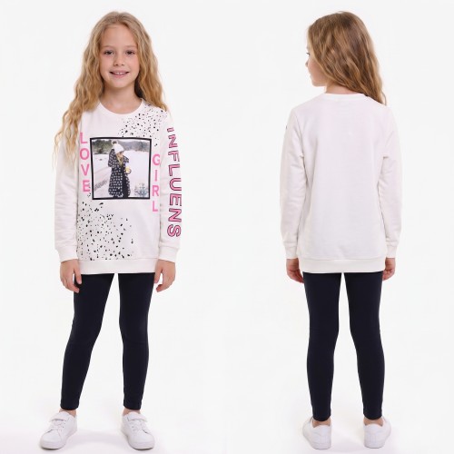 BLUZA Dresowa BAWEŁNA Nadruk CEKINY Długi RĘKAW Ecru