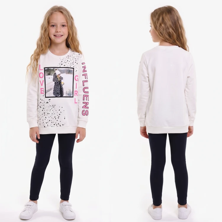 BLUZA Dresowa BAWEŁNA Nadruk CEKINY Długi RĘKAW Ecru