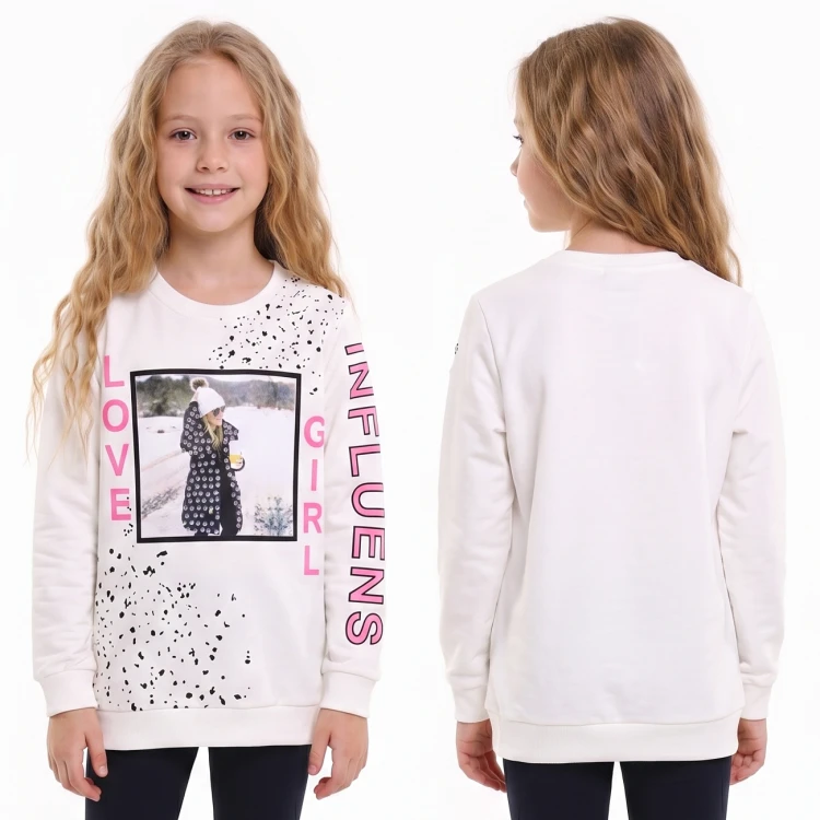 BLUZA Dresowa BAWEŁNA Nadruk CEKINY Długi RĘKAW Ecru