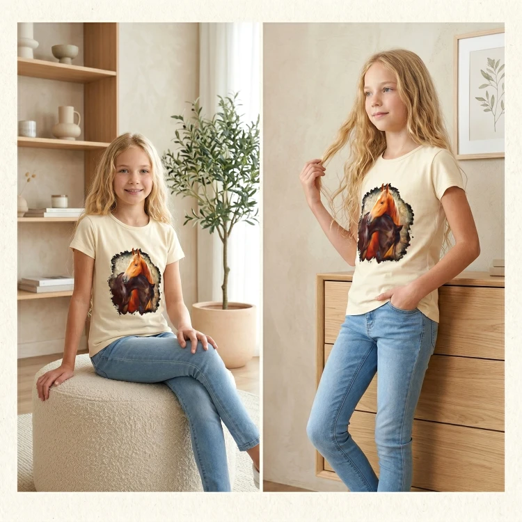 BLUZKA T-Shirt NADRUKI KONIE Bawełna BEŻOWA