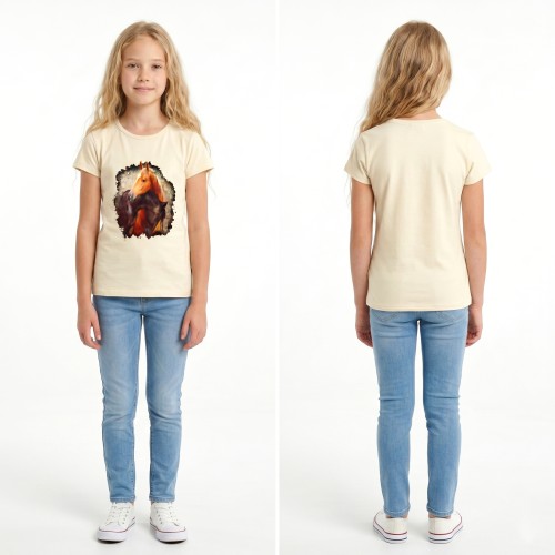 BLUZKA T-Shirt NADRUKI KONIE Bawełna BEŻOWA