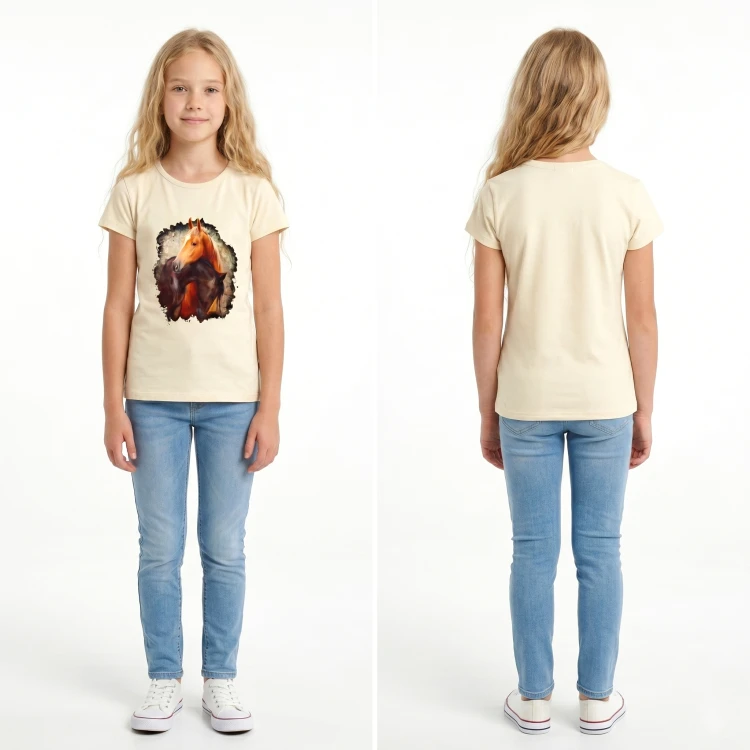 BLUZKA T-Shirt NADRUKI KONIE Bawełna BEŻOWA