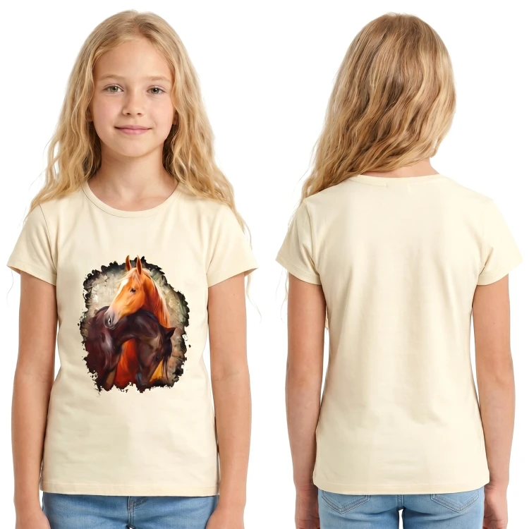 BLUZKA T-Shirt NADRUKI KONIE Bawełna BEŻOWA