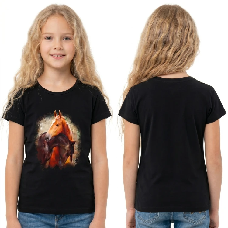 BLUZKA T-Shirt NADRUKI KONIE Bawełna CZARNA