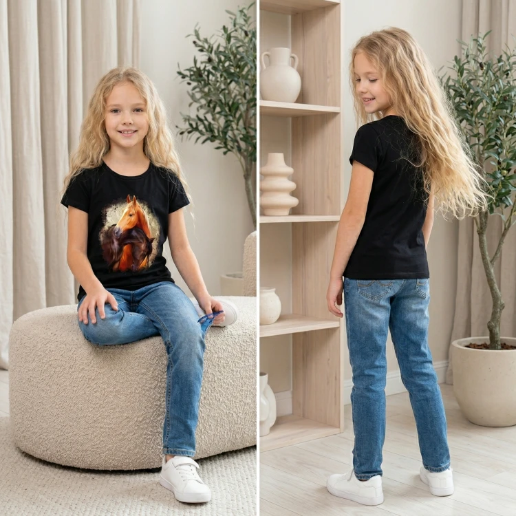 BLUZKA T-Shirt NADRUKI KONIE Bawełna CZARNA