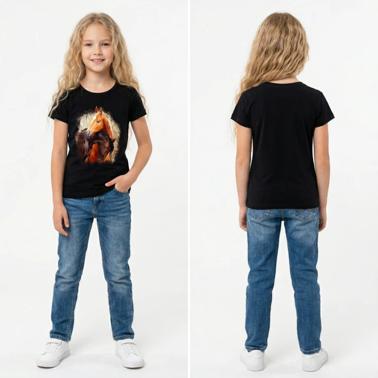 BLUZKA T-Shirt NADRUKI KONIE Bawełna CZARNA