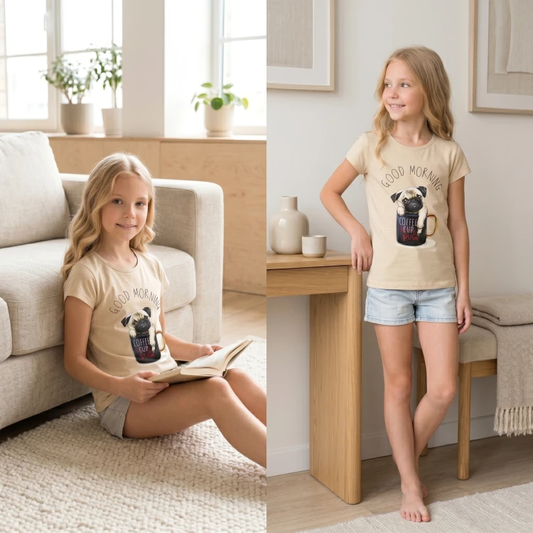 BLUZKA T-Shirt NADRUKI PIESEK Bawełna BEŻOWA