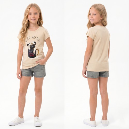 BLUZKA T-Shirt NADRUKI PIESEK Bawełna BEŻOWA