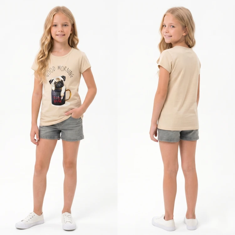 BLUZKA T-Shirt NADRUKI PIESEK Bawełna BEŻOWA