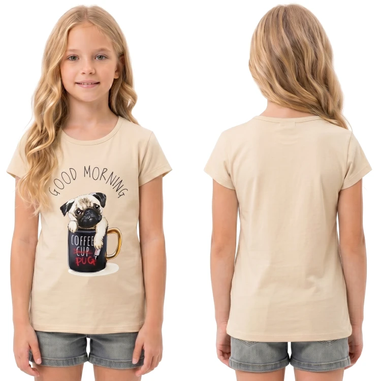 BLUZKA T-Shirt NADRUKI PIESEK Bawełna BEŻOWA