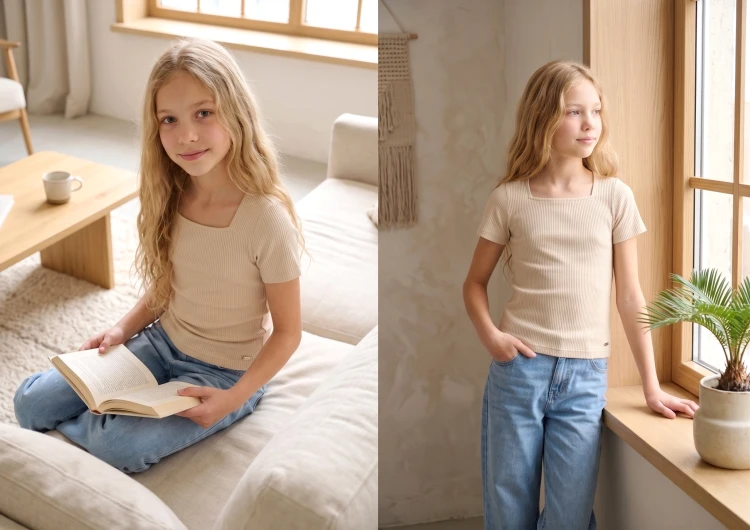Bluzka PRĄŻKOWANA Dzianina DEKOLT Caro BEŻOWA
