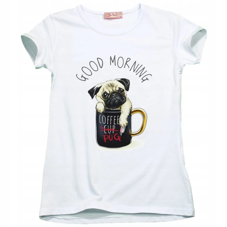 BLUZKA T-Shirt NADRUKI PIESEK Bawełna BIAŁA