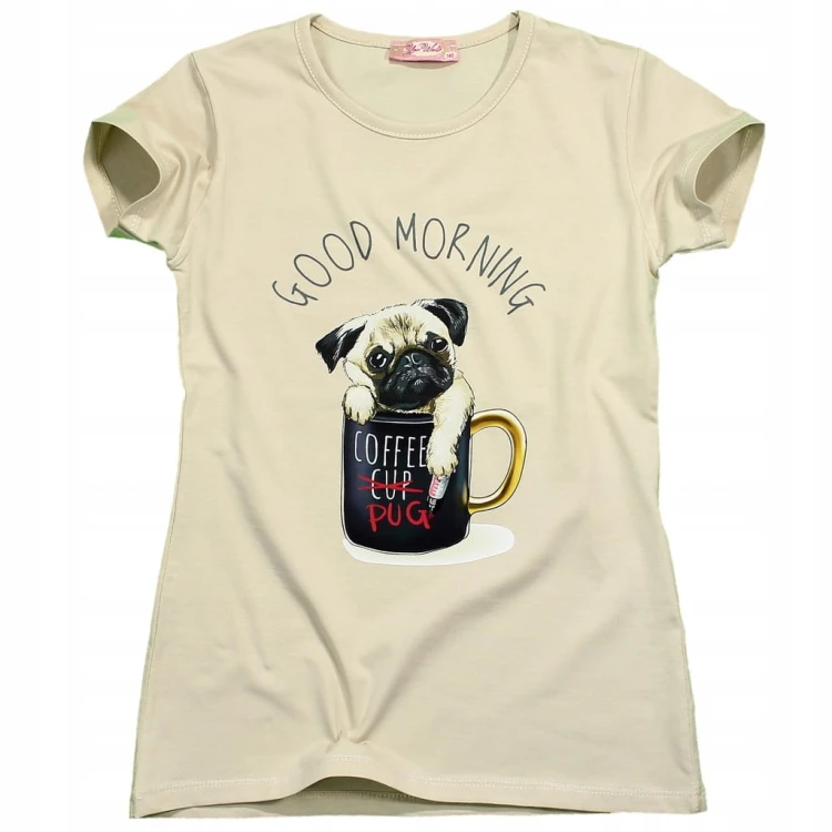 BLUZKA T-Shirt NADRUKI PIESEK Bawełna BEŻOWA