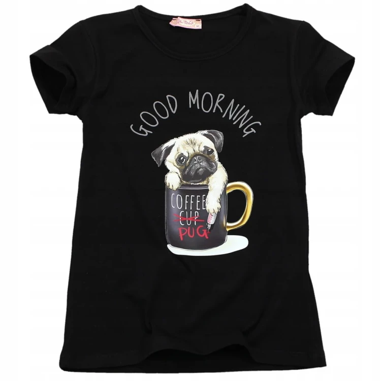 BLUZKA T-Shirt NADRUKI PIESEK Bawełna CZARNA