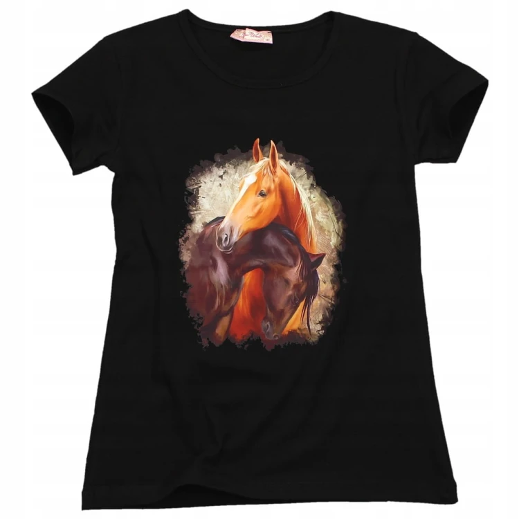 BLUZKA T-Shirt NADRUKI KONIE Bawełna CZARNA