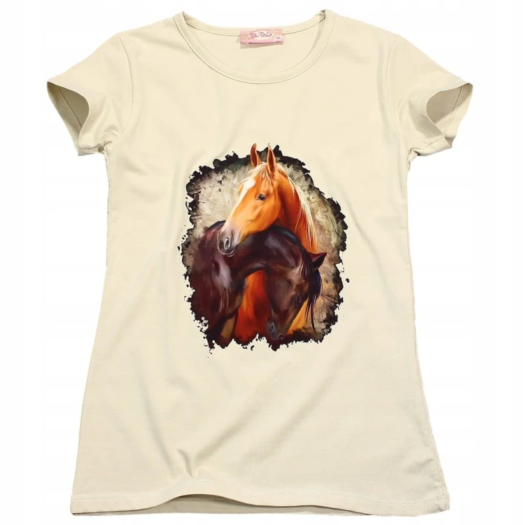 BLUZKA T-Shirt NADRUKI KONIE Bawełna BEŻOWA